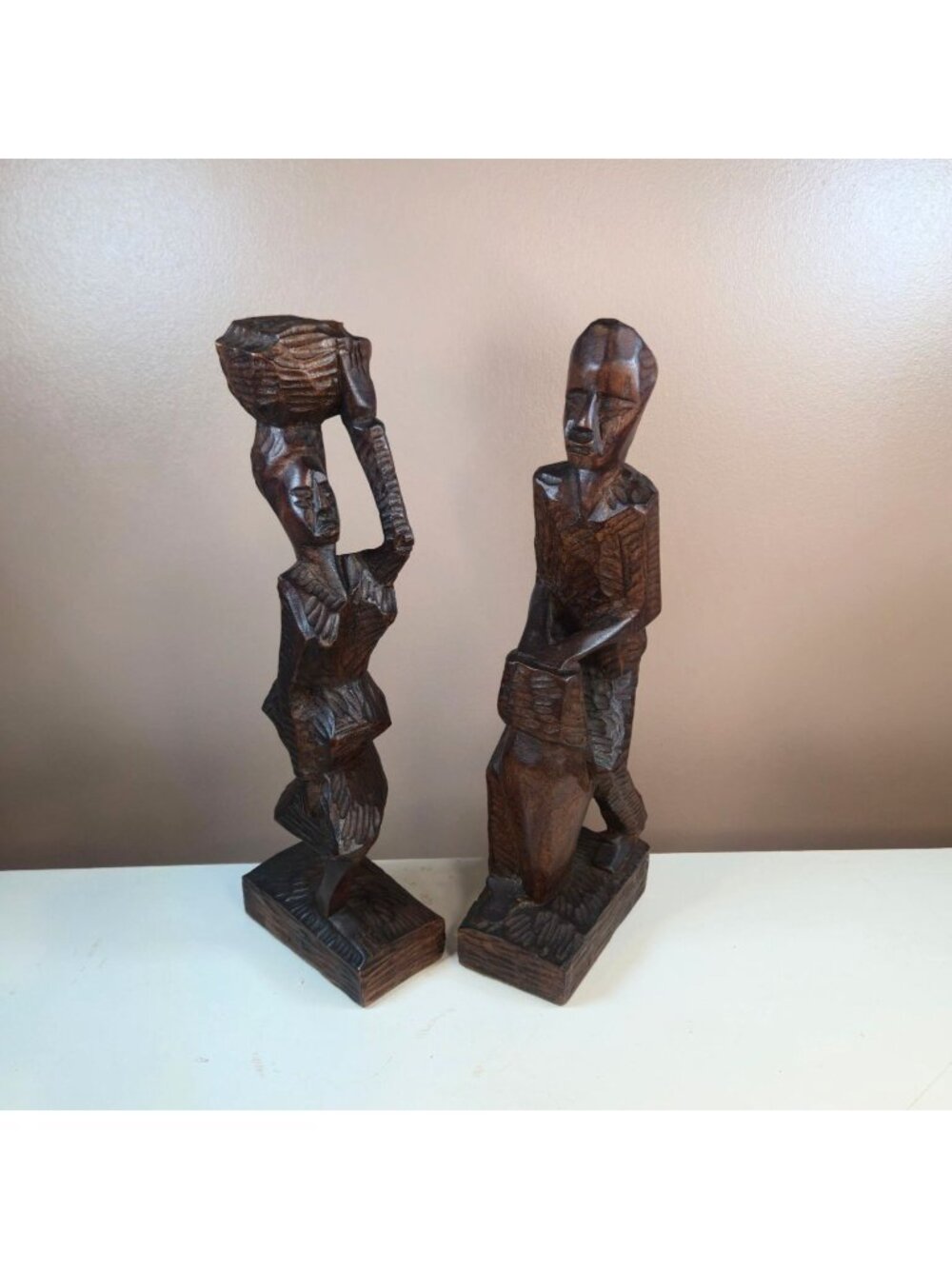 VTG Hand-Carved Wooden Tribal Figures Male Drummer Female With Basket Folk Art